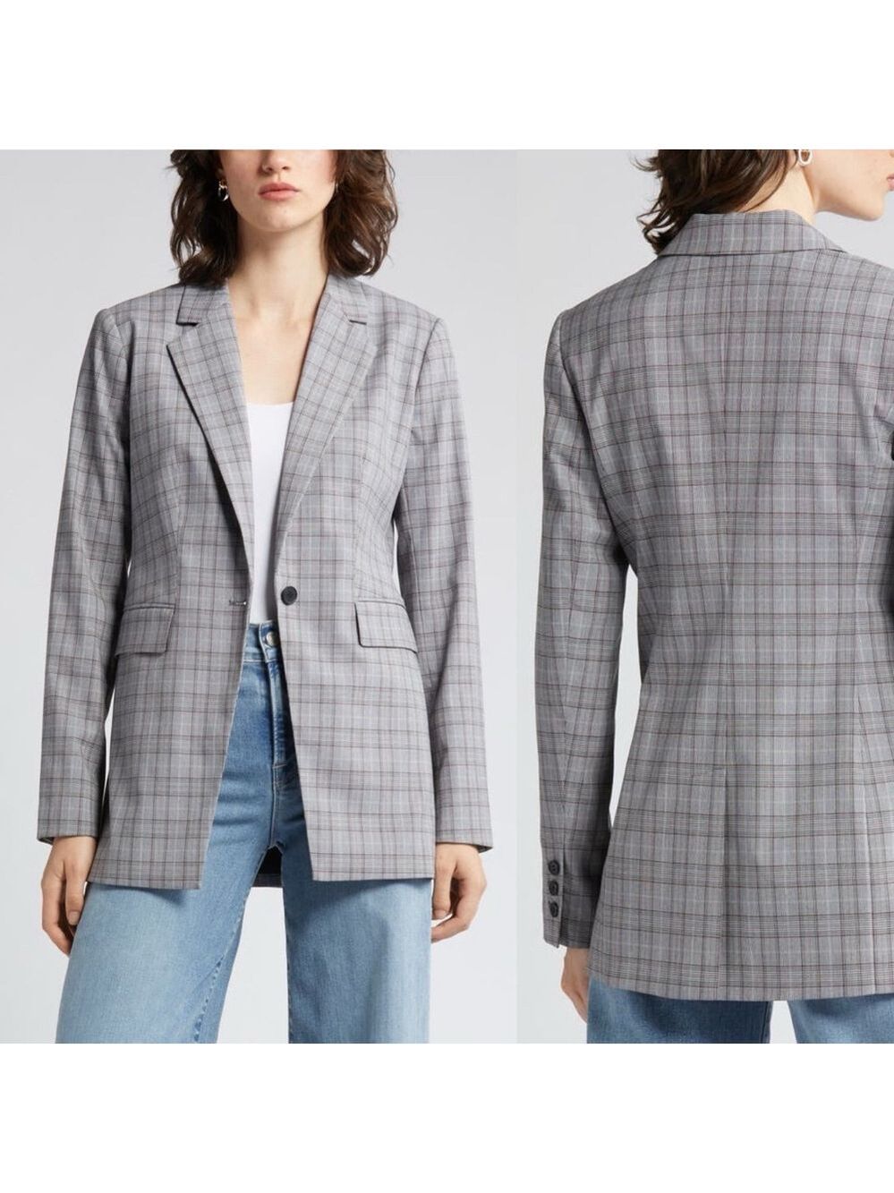 Women's Nordstrom Gray Red Plaid Blazer L